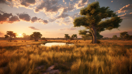 Photo of savanna on savanna at sunsetの素材