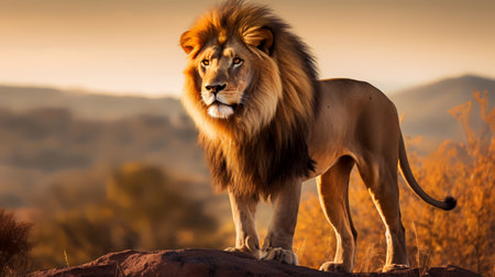 Photo of lion on savanna at sunsetの素材