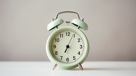 Photo of Minimalis alarm clock on white table isolated on blurry backgroundの素材