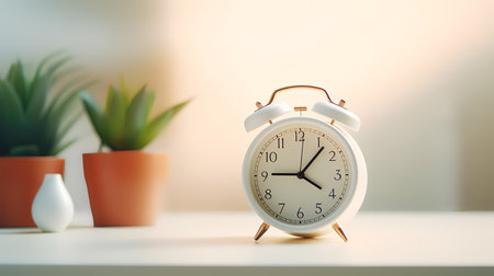 Photo of Minimalis alarm clock on white table isolated on blurry backgroundの素材