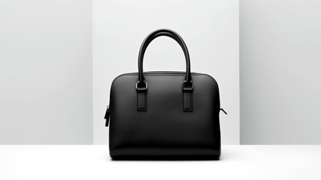 Photo of Minimalist black leather female bag isolated on white backgroundの素材