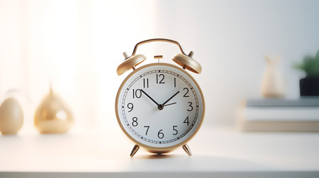 Photo of Minimalis alarm clock on white table isolated on blurry backgroundの素材