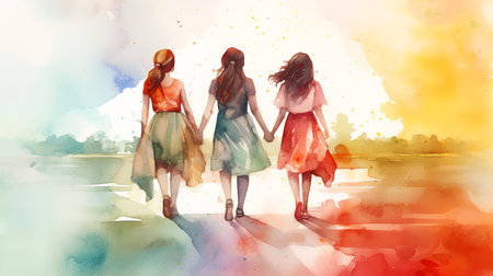 illustration of three girls hang out togetherの素材