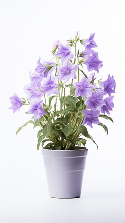 Photo of Bellflower in flower in pot isolated on white backgroundの素材