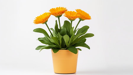 Photo of Calendula flower in pot isolated on white backgroundの素材