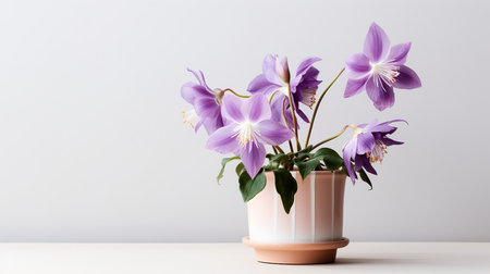 Photo of Columbine flower in pot isolated on white backgroundの素材