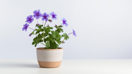 Photo of Cranesbill flower in pot isolated on white backgroundの素材