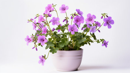 Photo of Cranesbill flower in pot isolated on white backgroundの素材