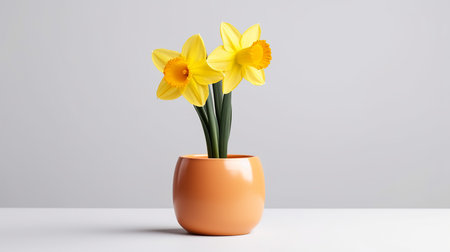 Photo of Daffodil flower in pot isolated on white backgroundの素材