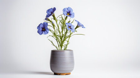 Photo of Flax flower in pot isolated on white backgroundの素材