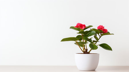 Photo of Impatiens flower in pot isolated on white backgroundの素材