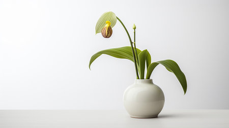 Photo of Ladys Slipper flower in pot isolated on white backgroundの素材