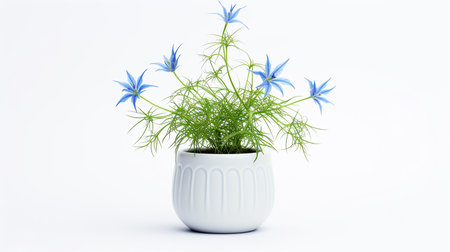 Photo of Love-in-a-Mist flower in pot isolated on white backgroundの素材