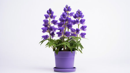 Photo of Monkshood flower in pot isolated on white backgroundの素材