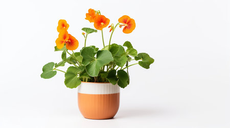 Photo of Nasturtium flower in pot isolated on white backgroundの素材