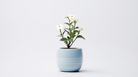 Photo of Tweedia flower in pot isolated on white backgroundの素材