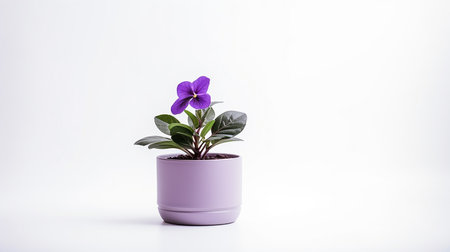 Photo of Violet flower in pot isolated on white backgroundの素材