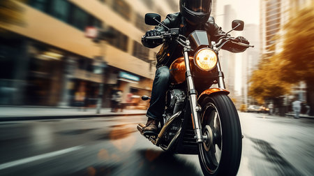 Photo of a man riding a motorcycle in downtownの素材