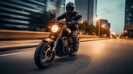 Photo of a man riding a motorcycle in downtownの素材