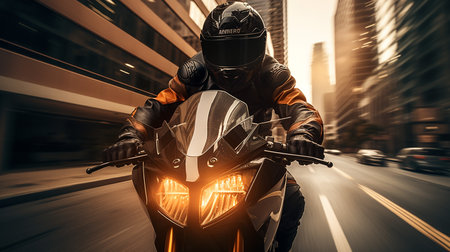 Photo of a man riding a motorcycle in downtownの素材
