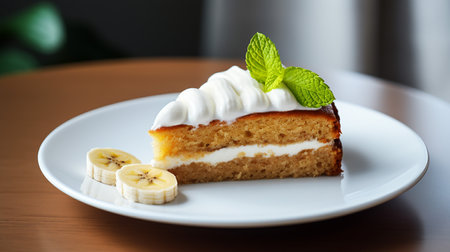 Photo of a slice of banana cake on a white plateの素材