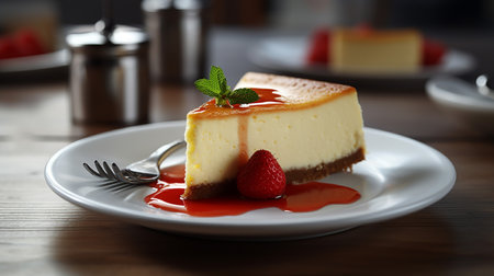Photo of slice of cheese cake on minimalist tableの素材