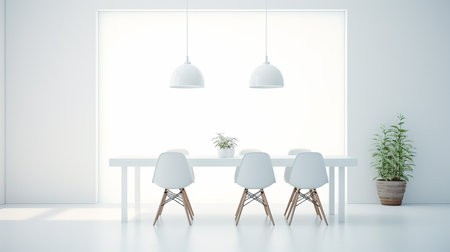 Interior of modern dining room with white walls, concrete floor, long white table with chairs and potted plant. 3d rendering mock upの素材