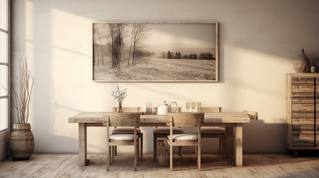 Interior of modern dining room with white walls, wooden floor, long wooden table with chairs and poster. 3d renderingの素材