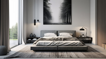 Modern bedroom interior with white walls, wooden floor and comfortable king size bed. 3d rendering mock upの素材