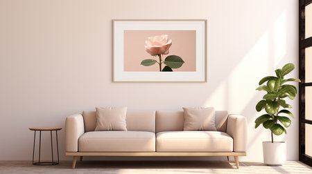 Modern living room interior with white sofa, plant and picture frame. 3D renderingの素材