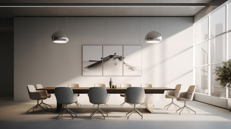 Interior of modern meeting room with white walls, concrete floor, long wooden table with gray chairs and window with blurry cityscape. 3d renderingの素材
