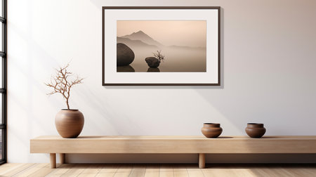 Interior design modern living room with empty picture frame on the wall, 3D renderingの素材