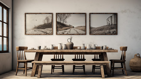 Interior of modern dining room with wooden table, chairs and painting on wall. 3D renderingの素材