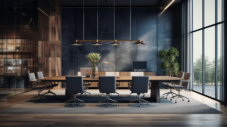 Modern conference room interior with city view and daylight. 3D Renderingの素材