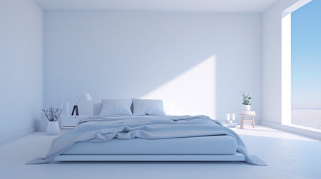 Photo for 3d rendering of white bedroom with blue walls, white floor and comfortable white bed. - Royalty Free Image