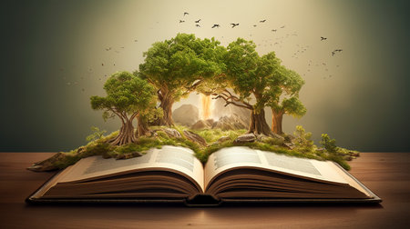 Open book with green tree and birds flying around it. Ecology conceptの素材
