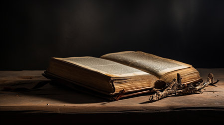 Old book on a wooden table and black background. Toned.の素材