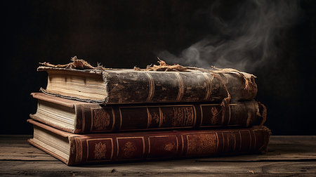 Pile of old books on wooden table with smoke on dark backgroundの素材