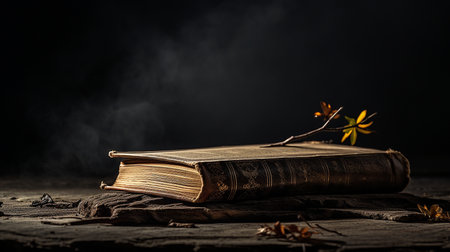 Old book on a wooden table with smoke and autumn leaves on a black backgroundの素材