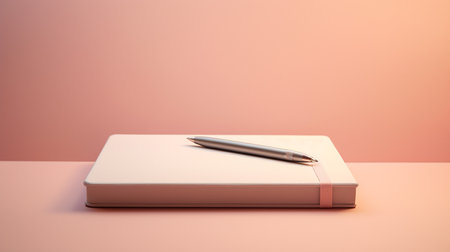 Notebook and pen on a pink background. 3d rendering.の素材