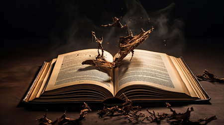 Old book with burning pages on a dark background. Halloween concept.の素材