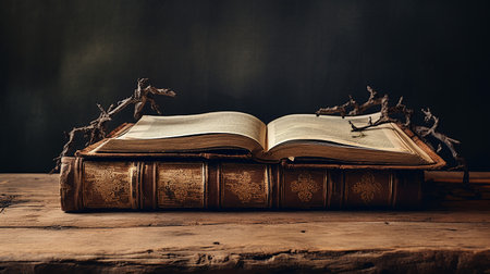 Old books on wooden table and black background. Toned image.の素材