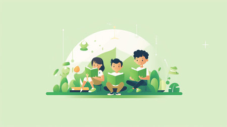 Happy family reading a book in the park. Flat vector illustration.の素材