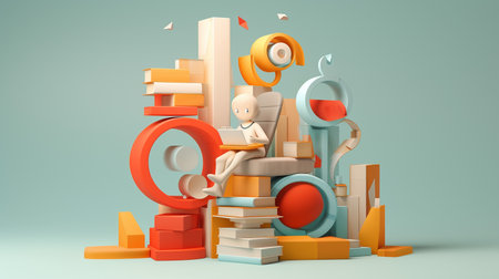 3d illustration of a man sitting on a stack of books and using a laptopの素材