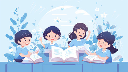 Vector illustration of a group of children reading books and doing homework together.の素材