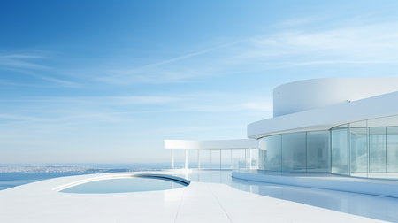 3d rendering of modern building with blue sky and sea background.の素材