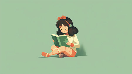 Little girl reading a book on a green background, vector illustration.の素材