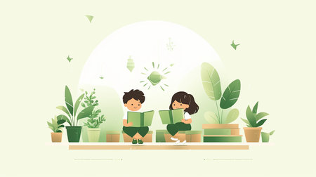 Boy and girl reading a book in the garden. Vector illustration.の素材