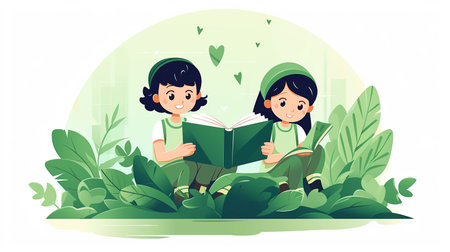 Cute little girls reading book in the park. Vector illustration.の素材