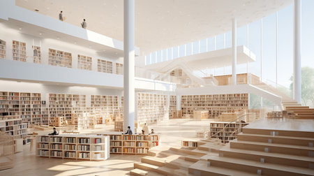 Interior of a modern library with bookshelves. 3d renderingの素材